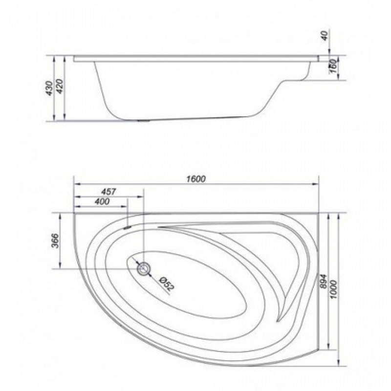 Ванна акриловая Cersanit Meza 1600x1000 правая AZBA1000951576