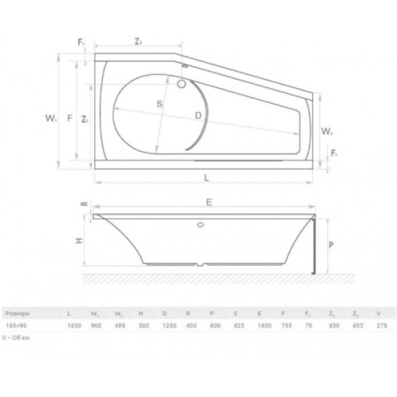 Ванна акриловая Radaway Noelia 1650x900 правая WA1-49-165x090P