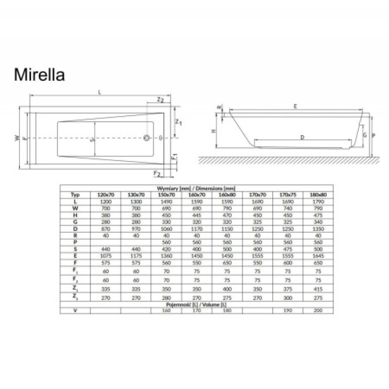 Ванна акриловая Radaway Mirella 1300x700 WA1-48-130x070