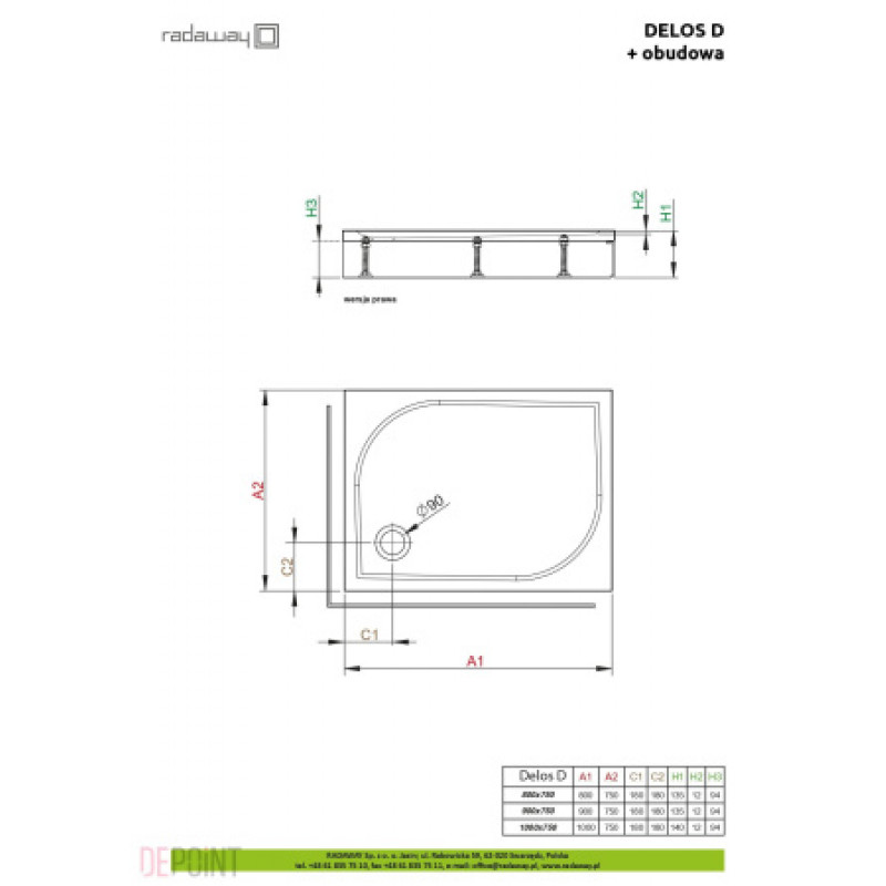 Душевой поддон + фронтовая панель RADAWAY Delos D 1000х750х155 4D17515-03R