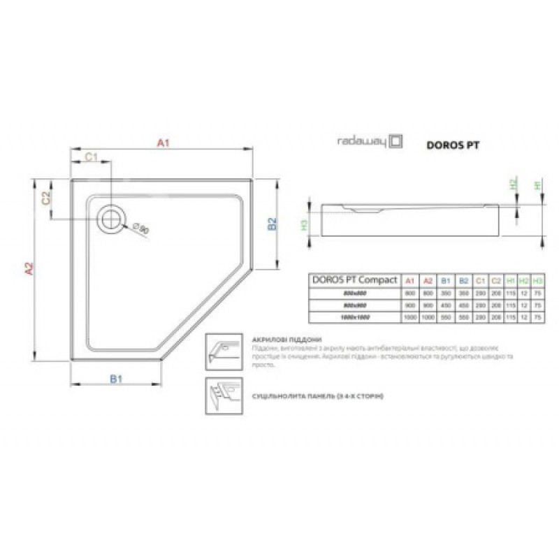 Душевой поддон RADAWAY Doros PT Compact 900х900х115 SDRPTP9090-05