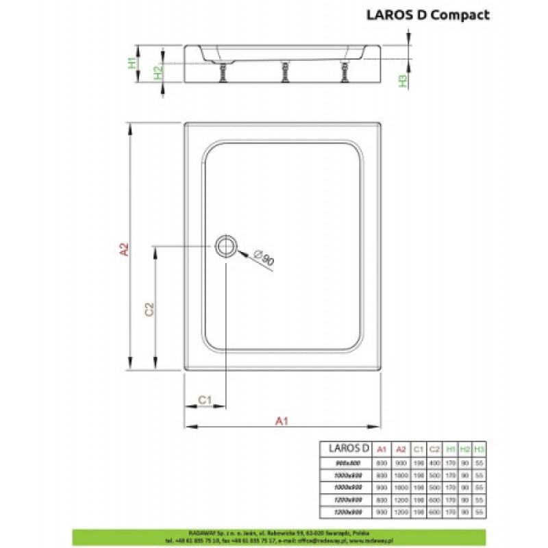 Душевой поддон RADAWAY Laros D Compact 900х800х170 SLD8917-01