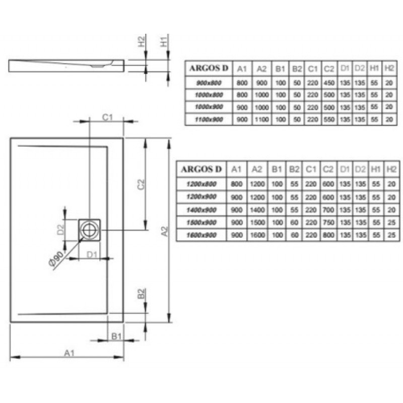 Душовий піддон RADAWAY Argos D 900х800х55 4AD89-01