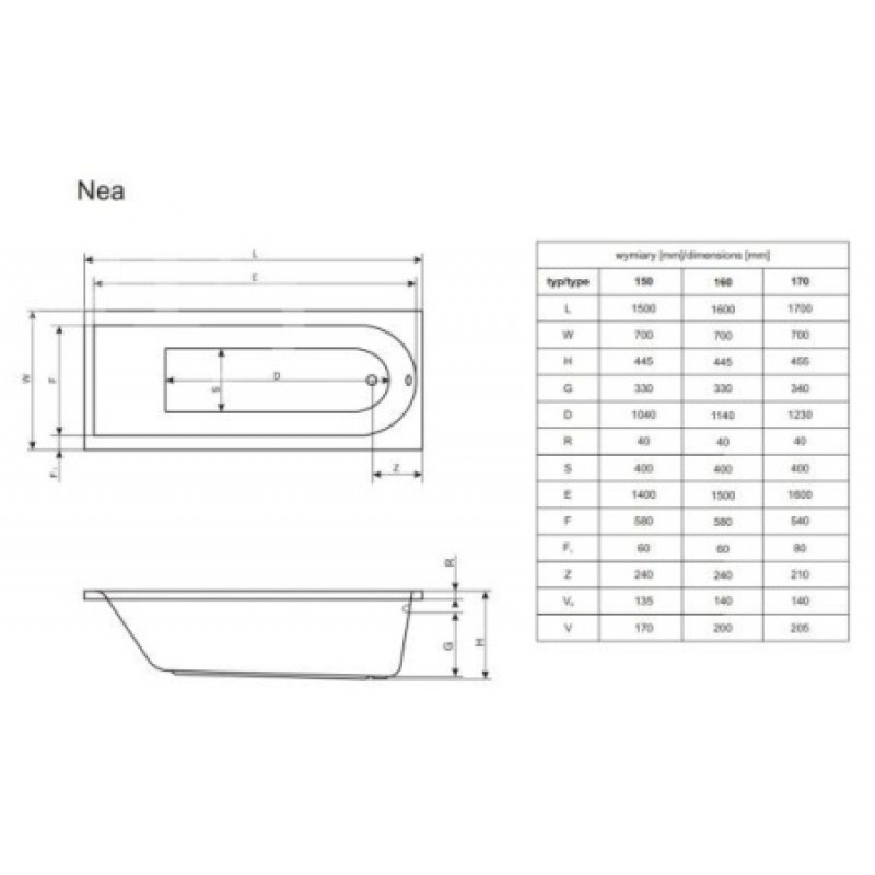 Ванна акриловая Radaway Nea 1500x700 WA1-02-150x070U