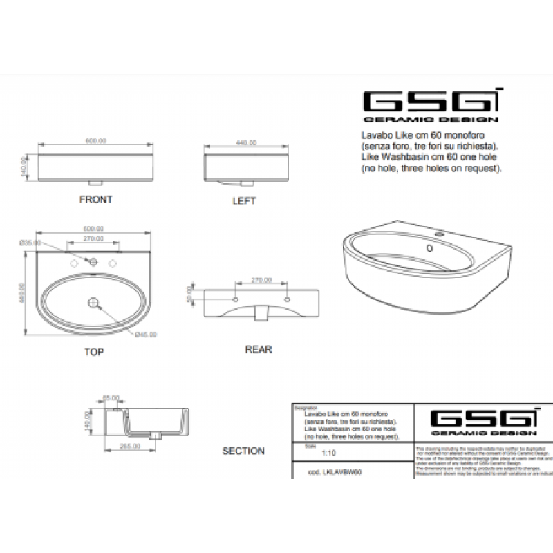 Раковина GSG Like 600х440 мм LKLAVBW60000