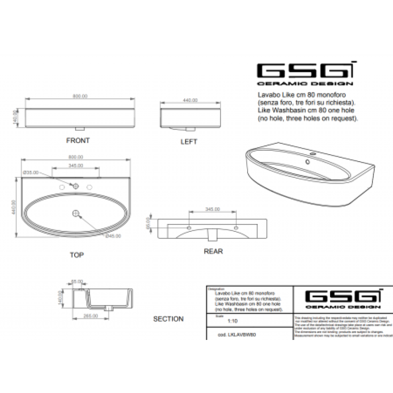 Раковина GSG Like 800х440 мм LKLAVBW80000
