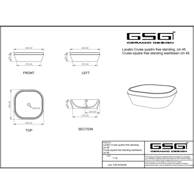 Раковина GSG Cruise 450х450 мм CRLAVQU45003