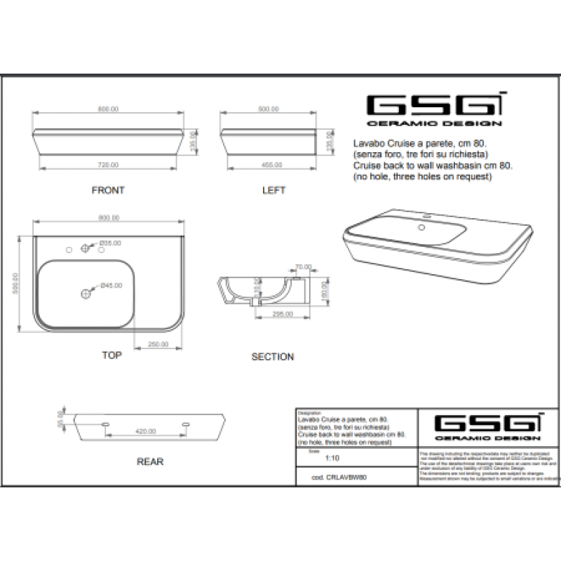 Раковина GSG Cruise 800х500 мм CRLAVBW80020