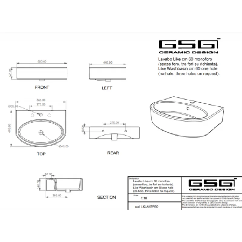 Раковина GSG Like 600х440 мм LKLAVBW60000