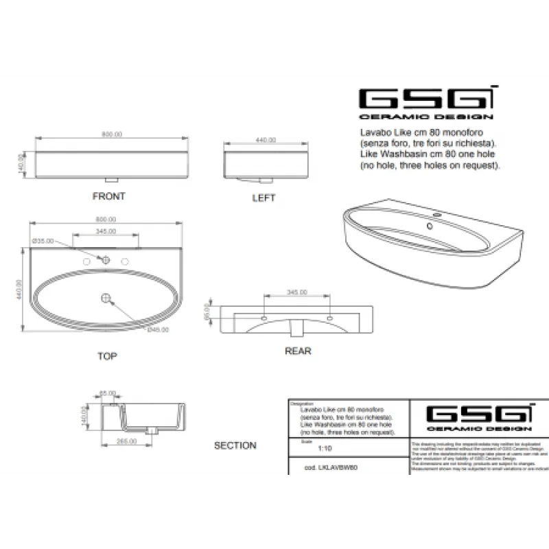 Раковина GSG Like 800х440 мм LKLAVBW80000