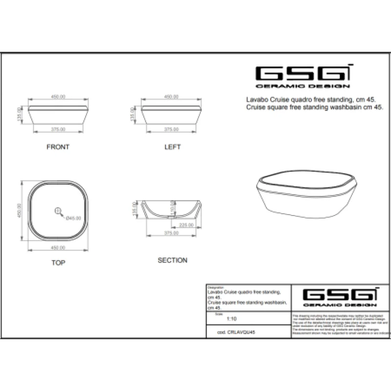 Раковина GSG Cruise 450х450 мм CRLAVQU45002