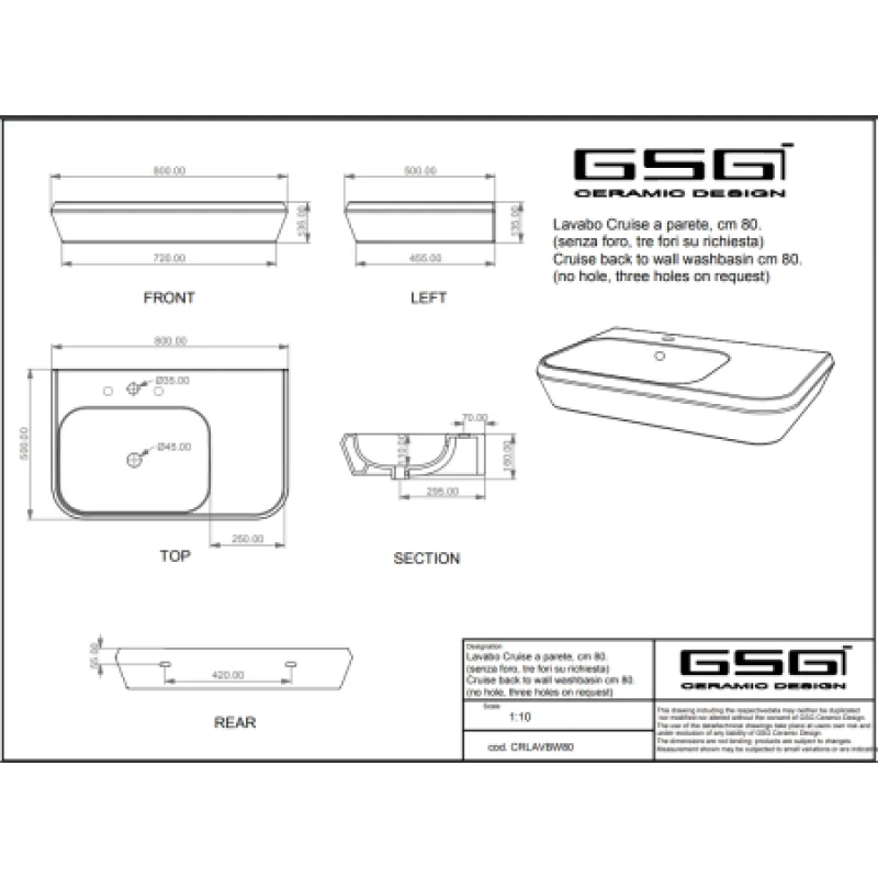 Раковина GSG Cruise 800х500 мм CRLAVBW80001